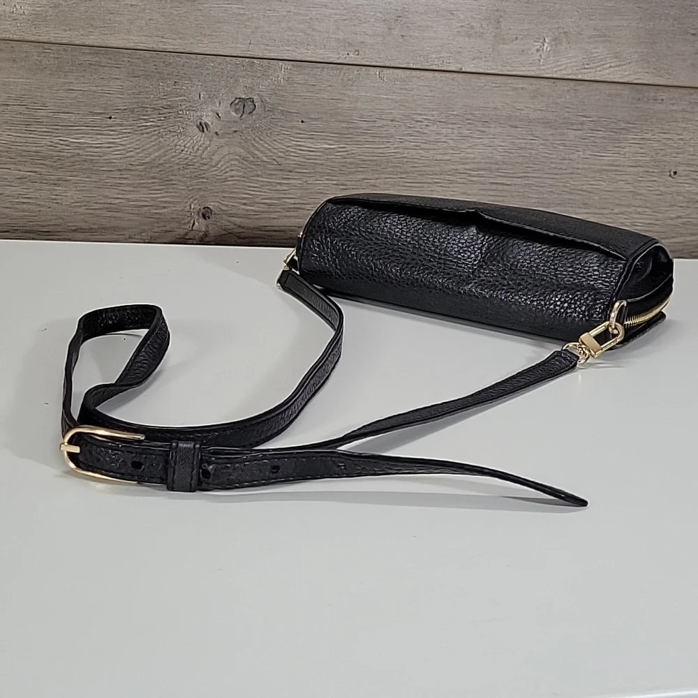 Tory Burch Black Pebbled Leather Flap Front Crossbody Bag